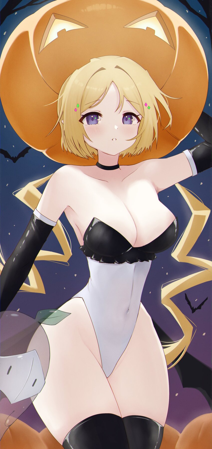 1girl absurdres aki_rosenthal arm_behind_head arm_up bare_shoulders bat_background black_gloves black_thighhighs blonde_hair blush bob_cut breasts cleavage commentary covered_navel cowboy_shot detached_hair elbow_gloves embarrassed english_commentary gloves groin halloween halloween_costume highleg highleg_leotard highres hololive jack-o&#039;-lantern_hat large_breasts leotard long_hair multicolored_leotard narrow_waist night night_sky nyu-tan94 parted_bangs parted_lips purple_eyes rosen-tai short_hair sky solo strapless strapless_leotard thighhighs two-tone_leotard virtual_youtuber white_leotard wide_hips