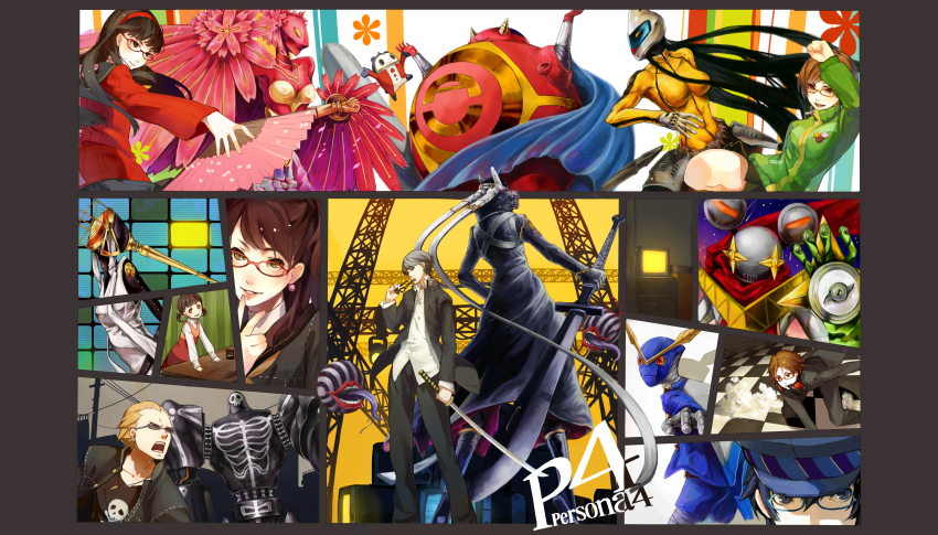 3boys 5girls absurdres amagi_yukiko artist_collaboration atlus black_hair blonde_hair blue-framed_eyewear brown_eyes brown_hair cabbie_hat doujima_nanako folding_fan glasses grey_eyes grey_hair hairband hanamura_yousuke hand_fan hat headphones headphones_around_neck highres himiko_(persona_4) izanagi_(persona_4) jacket jiraiya_(persona_4) katana kintoki-douji konohana_sakuya_(persona) kujikawa_rise kuma_(persona_4) long_hair mm_(artist) mmlu_(honwa_karesu) mouth_hold multiple_boys multiple_girls narukami_yu persona persona_4 red-framed_eyewear ryuryo satonaka_chie school_uniform shirogane_naoto short_hair skirt slipping_hablerie sukuna_hikona sunglasses sword take-mikazuchi tatsumi_kanji television tomoe_(persona_4) track_jacket weapon yellow-framed_eyewear