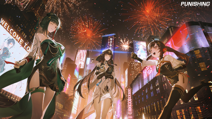 +_+ 2025 3girls absurdres black_hair boots breasts china_dress chinese_clothes chinese_hairpin city city_lights cityscape cleavage commentary_request confetti copyright_name dress english_text fireworks green_hair hair_ornament hairpin hanying:_zitherwoe_(pgr) hanying_(pgr) happy_new_year highres holding holding_fireworks holding_wand large_breasts leg_wrap long_hair medium_breasts mole mole_under_mouth multiple_girls neon_lights new_year night night_sky official_art one_eye_closed open_mouth pulao:_dragontoll_(pgr) pulao_(pgr) punishing:_gray_raven qu:_shukra_(pgr) qu_(pgr) red_eyes sky skyline small_breasts smile thigh_boots tmt wand