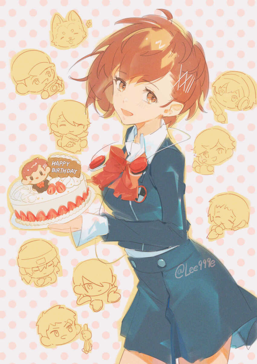 1girl aigis_(persona) amada_ken aragaki_shinjirou beanie birthday_cake black_skirt bow bowtie breasts brown_eyes brown_hair cake camera closed_eyes closed_mouth commentary dog earphones food gekkoukan_high_school_uniform hair_ornament hairclip happy_birthday hat highres iori_junpei kirijou_mitsuru koromaru_(persona) lee999nine long_sleeves open_mouth persona persona_3 persona_3_portable polka_dot polka_dot_background red_bow red_bowtie sanada_akihiko school_uniform skirt solo_focus symbol-only_commentary takeba_yukari twitter_username whisk yamagishi_fuuka