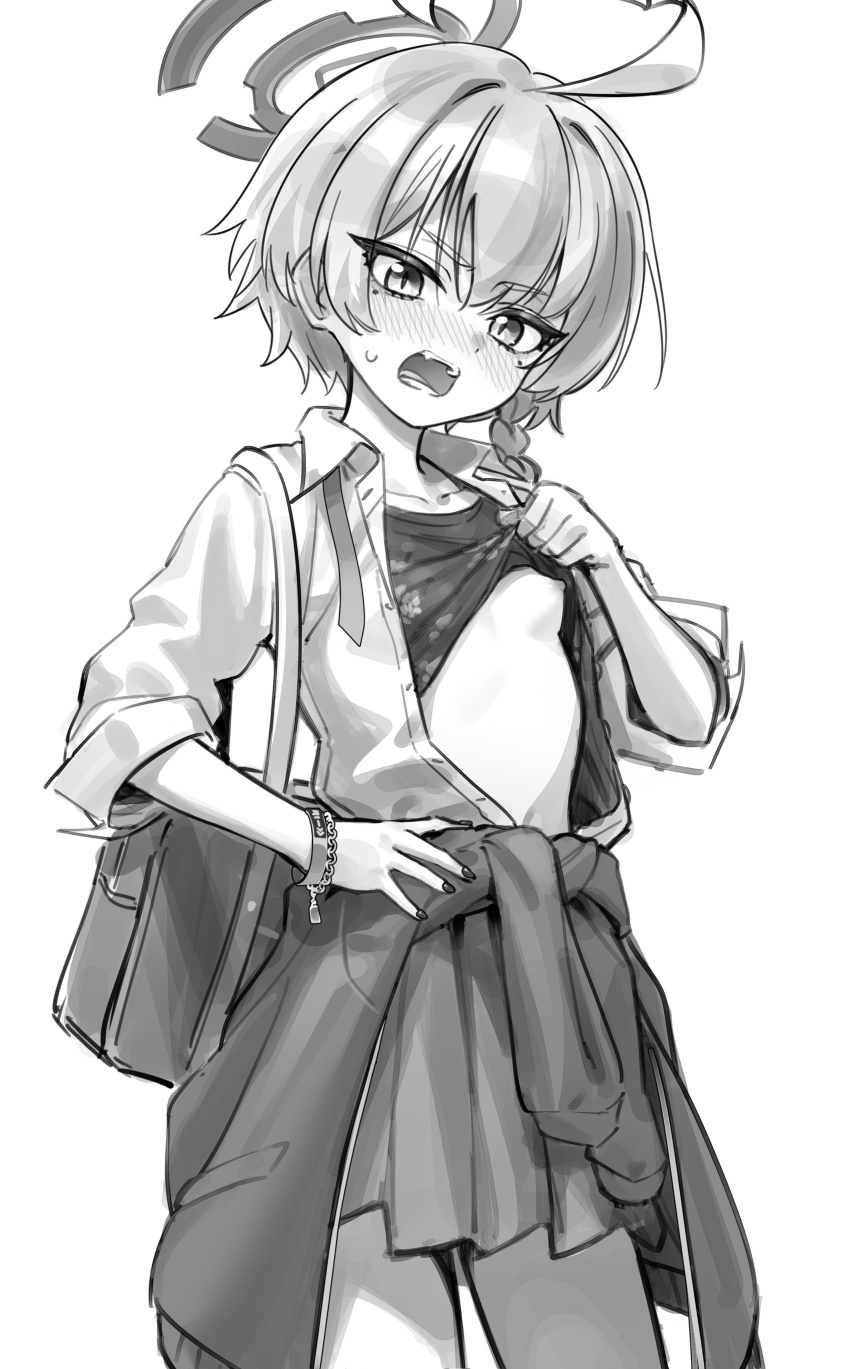 1girl absurdres bag blue_archive blush breasts clothes_around_waist clothes_lift embarrassed fankupl greyscale halo highres jacket jacket_around_waist lifting_own_clothes looking_at_viewer monochrome neru_(blue_archive) neru_(school_uniform)_(blue_archive) nipples open_clothes open_mouth open_shirt shirt_lift short_hair simple_background skirt small_breasts solo