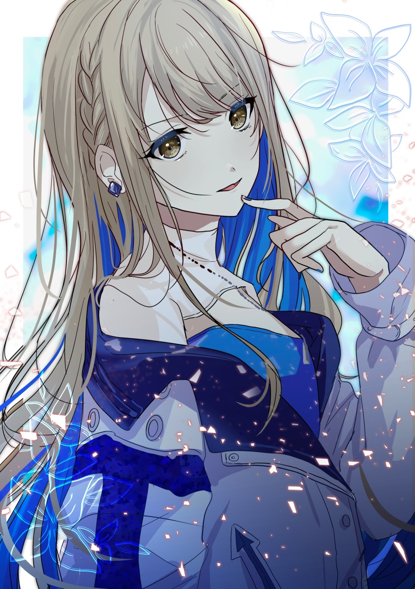 1girl absurdres azusawa_kohane blue_hair blue_nails braid breasts brown_eyes brown_hair colored_inner_hair commentary earrings fingernails hand_up highres huwarinn99 jacket jewelry long_hair looking_at_viewer multicolored_hair nail_polish official_alternate_costume official_alternate_hair_length official_alternate_hairstyle open_mouth project_sekai small_breasts solo two-tone_hair upper_body whip_the_wimp_girl!!_(project_sekai)