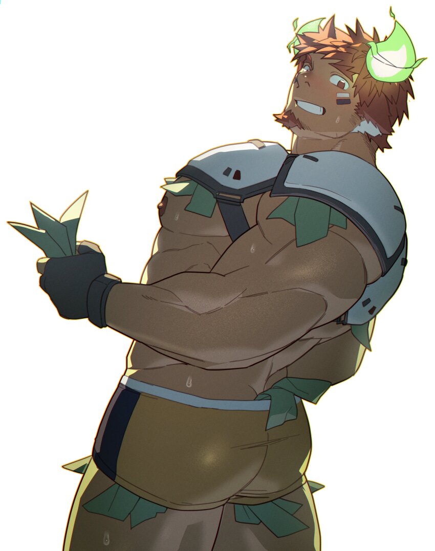 1boy absurdres american_football_uniform ass bara blush brown_hair cow_boy cow_horns cowboy_shot eye_black facial_hair fiery_horns forked_eyebrows glowing_horns goatee highres horns large_pectorals looking_at_viewer male_focus money muscular muscular_male pectorals revealing_clothes short_hair short_shorts shorts solo spiked_hair sportswear standing sweat thick_eyebrows thick_thighs thighs tokyo_houkago_summoners ttn_(239_239) tucked_money wakan_tanka