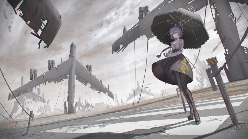 1girl aircraft airplane ascot b-52_stratofortress black_pantyhose black_shoes braid center_frills cloud cloudy_sky collared_shirt commentary_request cross cross_earrings crosswalk earrings floating_hair frills grey_skirt grey_umbrella hair_between_eyes hair_intakes highres hironii_(hironi3) holding holding_umbrella jewelry long_hair long_sleeves looking_at_viewer original outdoors pantyhose parted_lips purple_hair red_eyes shirt shoes single_braid skirt sky solo umbrella very_long_hair white_ascot white_shirt