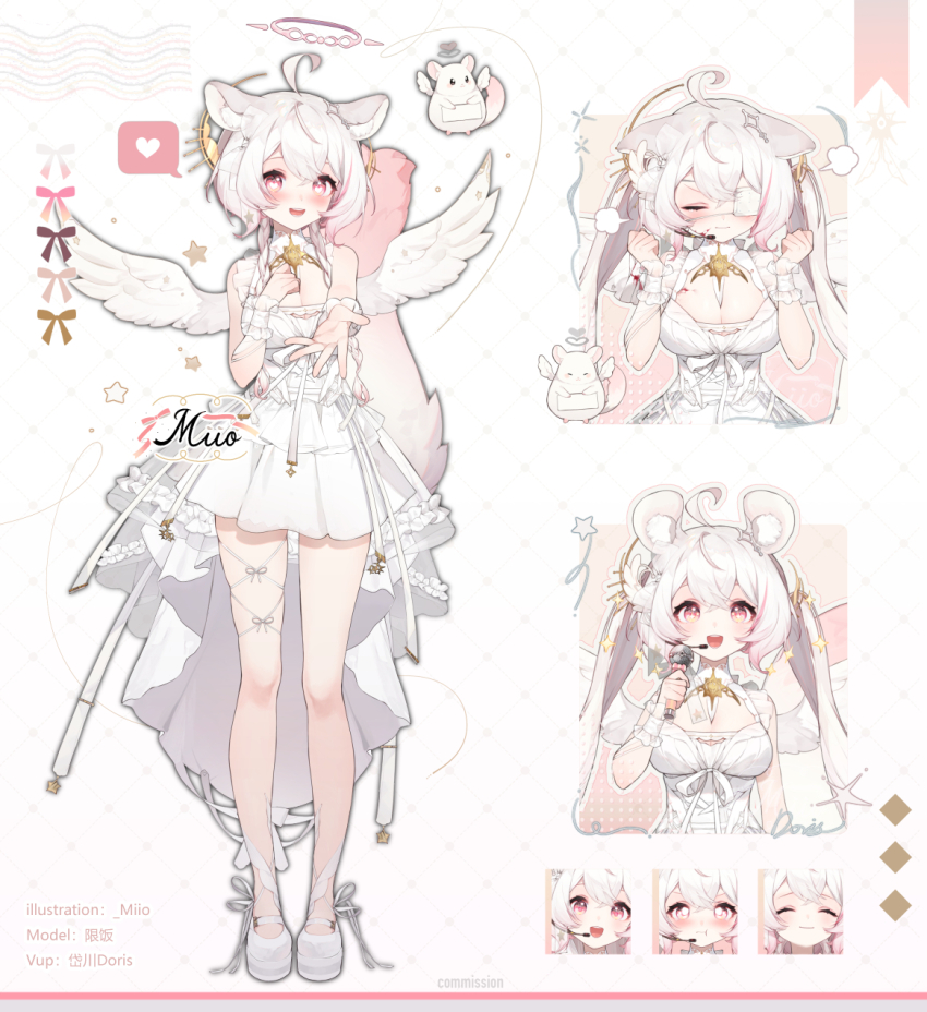 1girl :t ^_^ angel_wings animal_ears argyle_background arin_(fanfan013) artist_name beckoning blush bow braid breasts reference_sheet cleavage cleavage_cutout clenched_hands close-up closed_eyes closed_mouth clothing_cutout color_guide commentary commission cropped_torso dress multiple_expressions eyelashes eyepatch feathered_wings frilled_dress frilled_wrist_cuffs frills full_body hair_ornament halo hand_on_own_chest happy heart highres holding holding_microphone large_breasts leg_ribbon long_dress long_hair looking_at_viewer medical_eyepatch microphone multiple_views open_mouth original outstretched_arm pink_eyes pink_halo pout ribbon shoes simple_background single_bare_leg smile spoken_heart squirrel squirrel_ears squirrel_tail standing symbol-only_commentary tail teeth thigh_ribbon twin_braids twintails upper_teeth_only waist_ribbon white_background white_dress white_footwear white_hair white_ribbon white_wings white_wrist_cuffs wings wrist_cuffs