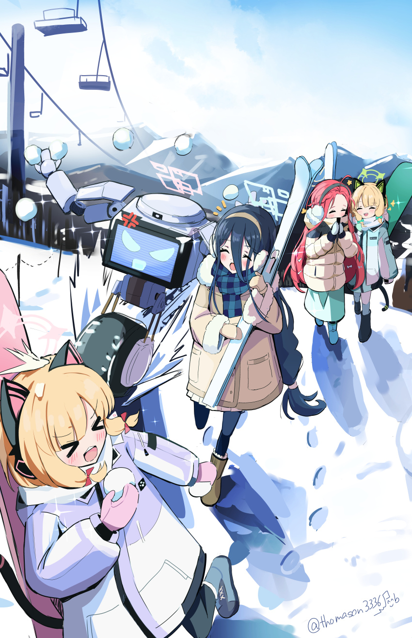 &gt;_&lt; 4girls :d ^_^ absurdres ahoge anger_vein animal_ear_headphones animal_ears aris_(blue_archive) black_hair black_hairband blonde_hair blue_archive cat_ear_headphones cat_tail closed_eyes coat day fake_animal_ears fake_tail forehead full_body game_development_department_(blue_archive) green_halo hair_between_eyes hairband halo happy headphones highres holding holding_snowball kei_(robot)_(blue_archive) long_hair long_sleeves low_ponytail medium_hair midori_(blue_archive) mittens momoi_(blue_archive) multiple_girls notice_lines open_mouth outdoors pink_halo pink_mittens ponytail puffy_long_sleeves puffy_sleeves rectangular_halo red_hair smile snow snowball snowball_fight sparkle standing tail teeth thomason366 upper_teeth_only v-shaped_eyebrows very_long_hair white_coat winter winter_clothes yuzu_(blue_archive)