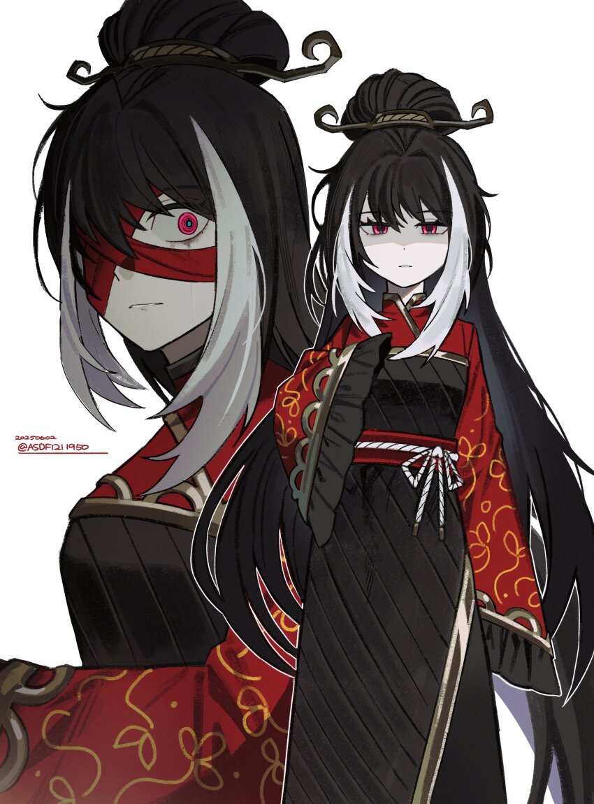 1girl absurdres alternate_hairstyle asdf1211950 black_dress black_hair breasts chinese_clothes dress hair_bun highres jia_xichun_(project_moon) limbus_company long_hair long_sleeves looking_at_viewer multicolored_hair pink_eyes project_moon red_shrug rope_belt simple_background sleeves_past_fingers sleeves_past_wrists solo standing streaked_hair upper_body very_long_hair white_background