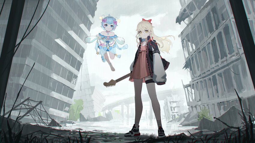 2girls :o absurdres anklet antenna_hair antennae armband armpit_crease backless_dress backless_outfit bandaged_ankle bare_shoulders barefoot black_jacket black_sleeve_cuffs blonde_hair blue_bow blue_dress blue_eyes blue_hair blunt_bangs bow building chest_bow child city closed_mouth cloud cloudy_sky collar collarbone collared_jacket commentary day detached_sleeves dot_nose double-parted_bangs drawstring dress dress_bow english_commentary eyebrows_hidden_by_hair fish_hair_ornament fish_pendant flat_chest floating floating_clothes floating_hair fog frilled_dress frilled_thigh_strap frills from_below full_body guitar hair_bow hair_flaps hair_ornament hairclip half-closed_eyes high_collar high_tops highres holding holding_guitar holding_instrument instrument jacket jewelry large_bow layered_dress leaning_forward leg_up legs_apart long_eyelashes long_hair long_sidelocks long_sleeves looking_at_viewer looking_down multicolored_hair multicolored_jacket multiple_girls multiple_hair_bows off-shoulder_dress off_shoulder open_clothes open_jacket original outdoors parted_lips pendant_collar pink_bow pink_collar pink_hair promotional_art puffy_long_sleeves puffy_sleeves rain raised_eyebrows red_bow red_trim rubble ruins shoes short_dress sidelocks skindentation sky sleeveless sleeveless_dress sleeves_past_fingers sleeves_past_wrists smile smirk sneakers star_(symbol) straight-on streaked_hair swept_bangs thick_eyelashes thigh_strap thighs turtleneck turtleneck_jacket two-tone_dress two-tone_hair two-tone_jacket unzipped v-shaped_eyebrows vertigris white_bow white_dress white_jacket white_shoes white_sleeves wide_shot x_hair_ornament yellow_eyes zipper