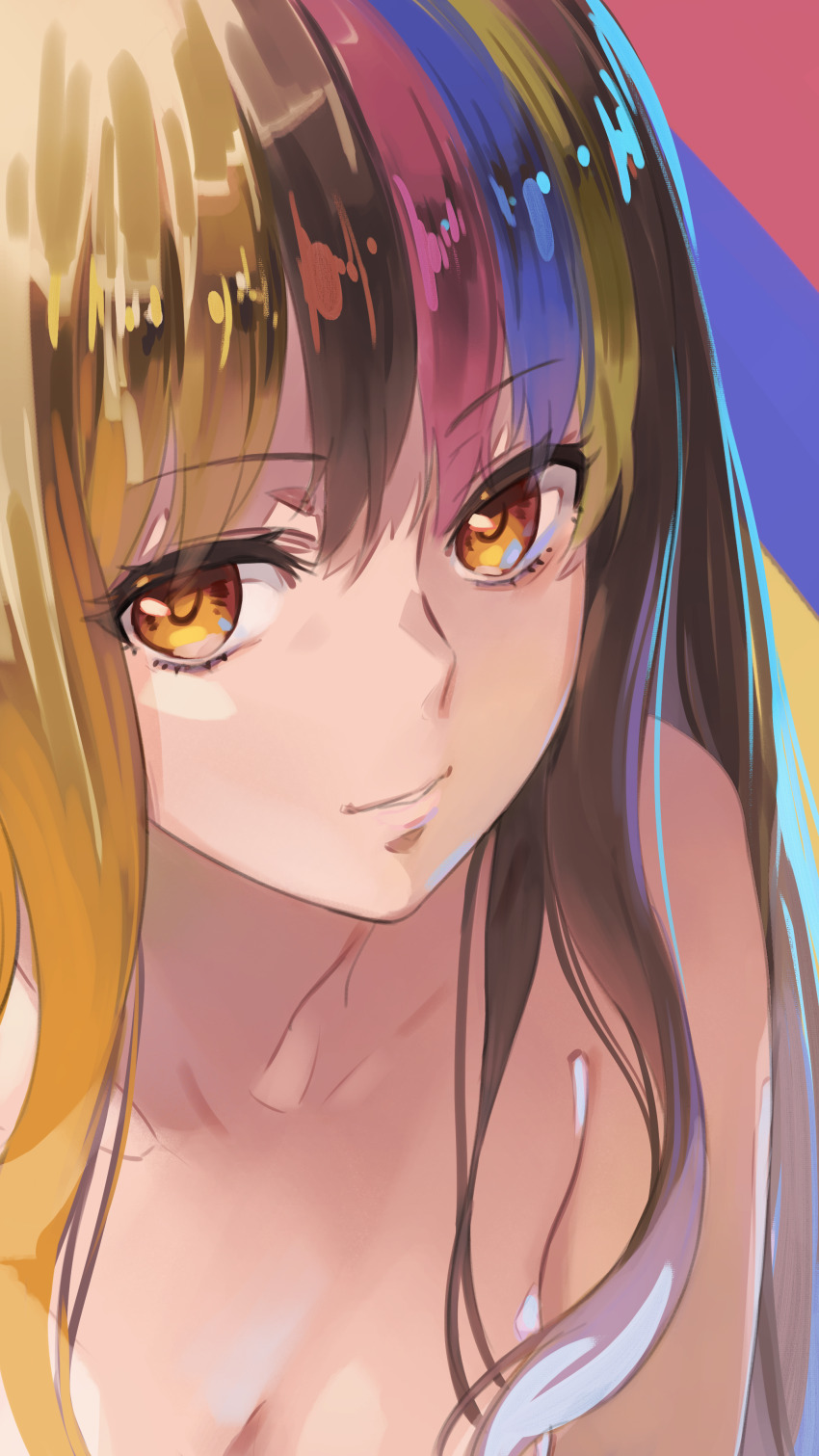 1girl absurdres blonde_hair blue_hair breasts brown_hair cleavage commentary_request galaco galaco_(neo) highres long_hair looking_at_viewer medium_breasts multicolored_hair nude open_mouth pink_hair pink_streaks solo streaked_hair tarokazu teeth two-tone_hair upper_body vocaloid yellow_eyes yellow_streaks