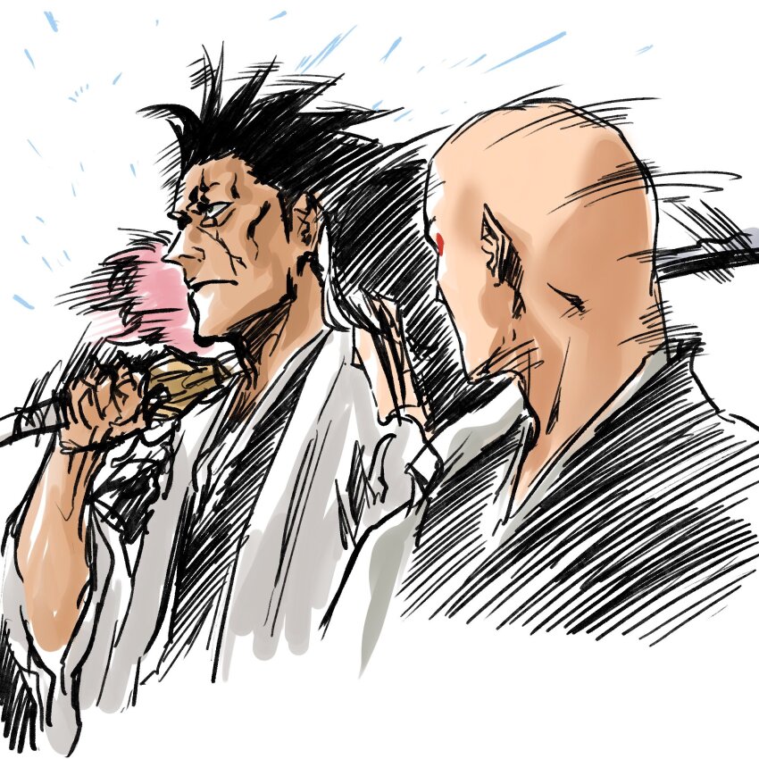 1girl 3boys ayasegawa_yumichika bald black_hair black_kimono bleach bleach:_sennen_kessen-hen closed_mouth eyeliner haori highres holding holding_sword holding_weapon japanese_clothes kimono kusajishi_yachiru looking_at_another madarame_ikkaku makeup monster_art_(rlawnsgr7) multiple_boys over_shoulder person_on_shoulder pink_hair red_eyeliner scar scar_across_eye scar_on_face sword taichou_haori turning_head weapon weapon_over_shoulder zaraki_kenpachi
