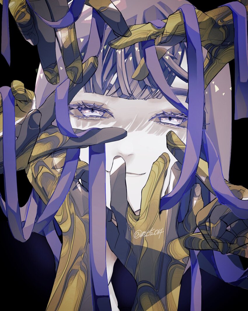 1other blue_eyes blue_hair colored_eyelashes colored_skin extra_arms golden_arms hair_flowing_over highres houseki_no_kuni index_finger_raised light_smile long_hair looking_at_viewer mt5_014 other_focus phosphophyllite phosphophyllite_(ll) severed_head shaded_face simple_background solo straight_hair v very_long_hair white_skin