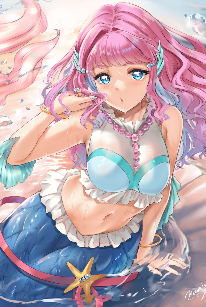 1girl blue_eyes blue_hair blush breasts closed_mouth hair_ornament highres jewelry kamishiro_ryuu laura_la_mer long_hair looking_at_viewer magical_girl medium_breasts mermaid midriff monster_girl nail_polish navel pearl_hair_ornament pink_hair precure purple_hair shirt signature skirt smile tropical-rouge!_precure water