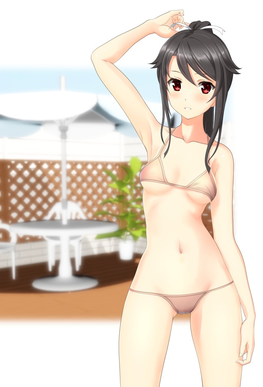 1girl absurdres beach_umbrella beige_bikini bikini black_hair blurry breasts brown_bikini chair commentary_request cowboy_shot depth_of_field fence hair_ribbon high_school_fleet highres large_variant_set long_hair looking_at_viewer munetani_mashiro parted_lips ponytail red_eyes ribbon small_breasts solo standing swimsuit table takafumi umbrella variant_set white_ribbon