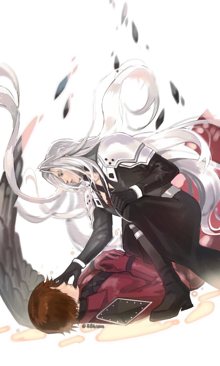 2boys absurdly_long_hair armor black_coat black_gloves black_wings brown_hair chinese_commentary coat commentary_request crisis_core_final_fantasy_vii falling_feathers feathered_wings feathers final_fantasy final_fantasy_vii floating_hair genesis_rhapsodos gloves hand_on_another&#039;s_face highres katsudon0024 long_hair long_sleeves looking_at_another lying male_focus multiple_boys on_back own_hands_clasped own_hands_together pauldrons red_coat red_gloves sephiroth shoulder_armor single_wing smile very_long_hair white_background white_hair wings