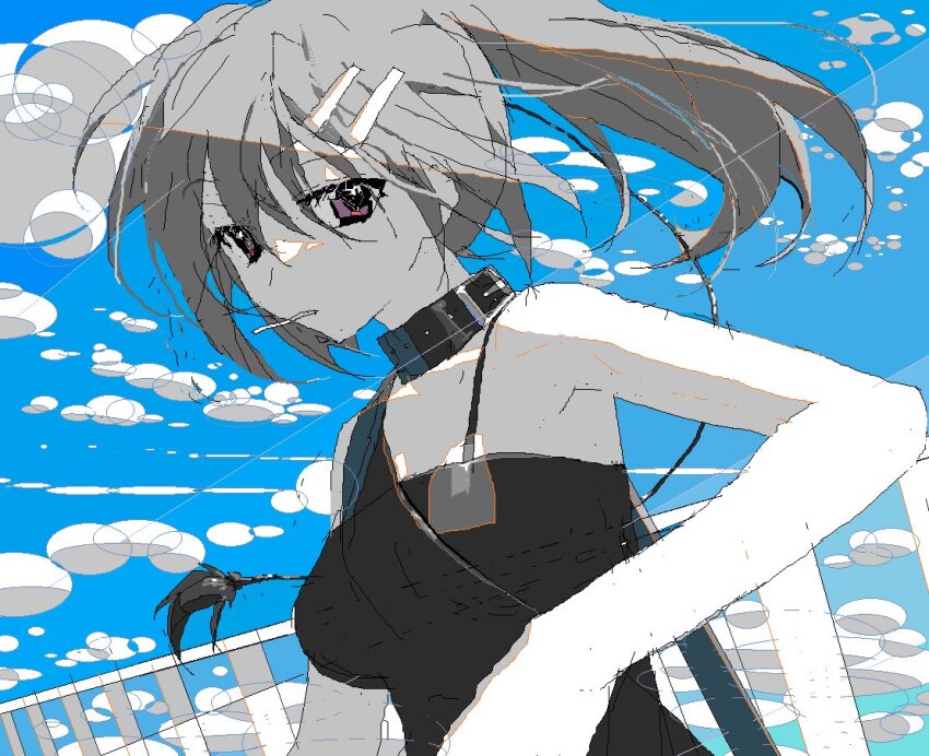 1girl against_railing arm_rest black_dress blue_sky breasts cloud cloudy_sky collar colored_skin day dress dutch_angle floating_hair grey_hair hair_ornament hairclip half-closed_eyes jaggy_lines large_breasts long_hair looking_at_viewer looking_to_the_side microsoft_paint_(medium) minakami_yuki mouth_hold outdoors oval ponytail purple_eyes railing sky sleeveless sleeveless_dress solo spaghetti_strap subarashiki_hibi tassel tkwkai upper_body white_skin