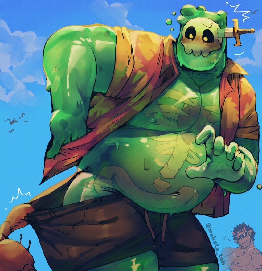 2boys ^^^ absurdres bara big_belly black_shorts blue_sky blush character_request colored_skin cowboy_shot crab cracked_skull doug_(monster_prom) fat fat_man green_skin hawaiian_shirt highres large_pectorals makota_toh male_focus monster_boy monster_prom multiple_boys no_male_underwear object_through_head open_clothes open_shirt outdoors pectorals pulling_another&#039;s_clothes see-through_body shirt shorts skirt sky slime_boy sword_in_head twitter_username