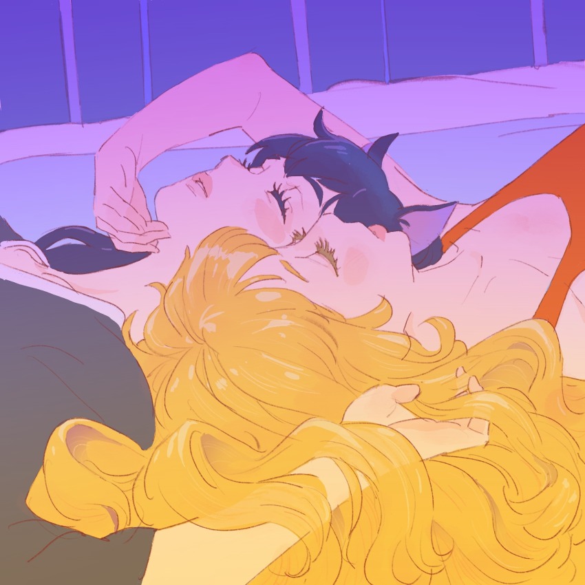2girls 55bata6rou animal_ears black_hair black_shirt blake_belladonna blonde_hair cat_ears closed_eyes eyelashes hair_spread_out hand_in_another&#039;s_hair hand_on_another&#039;s_face highres long_hair lying multiple_girls on_back red_shirt rotational_symmetry rwby shirt sleeping upper_body wavy_hair yang_xiao_long
