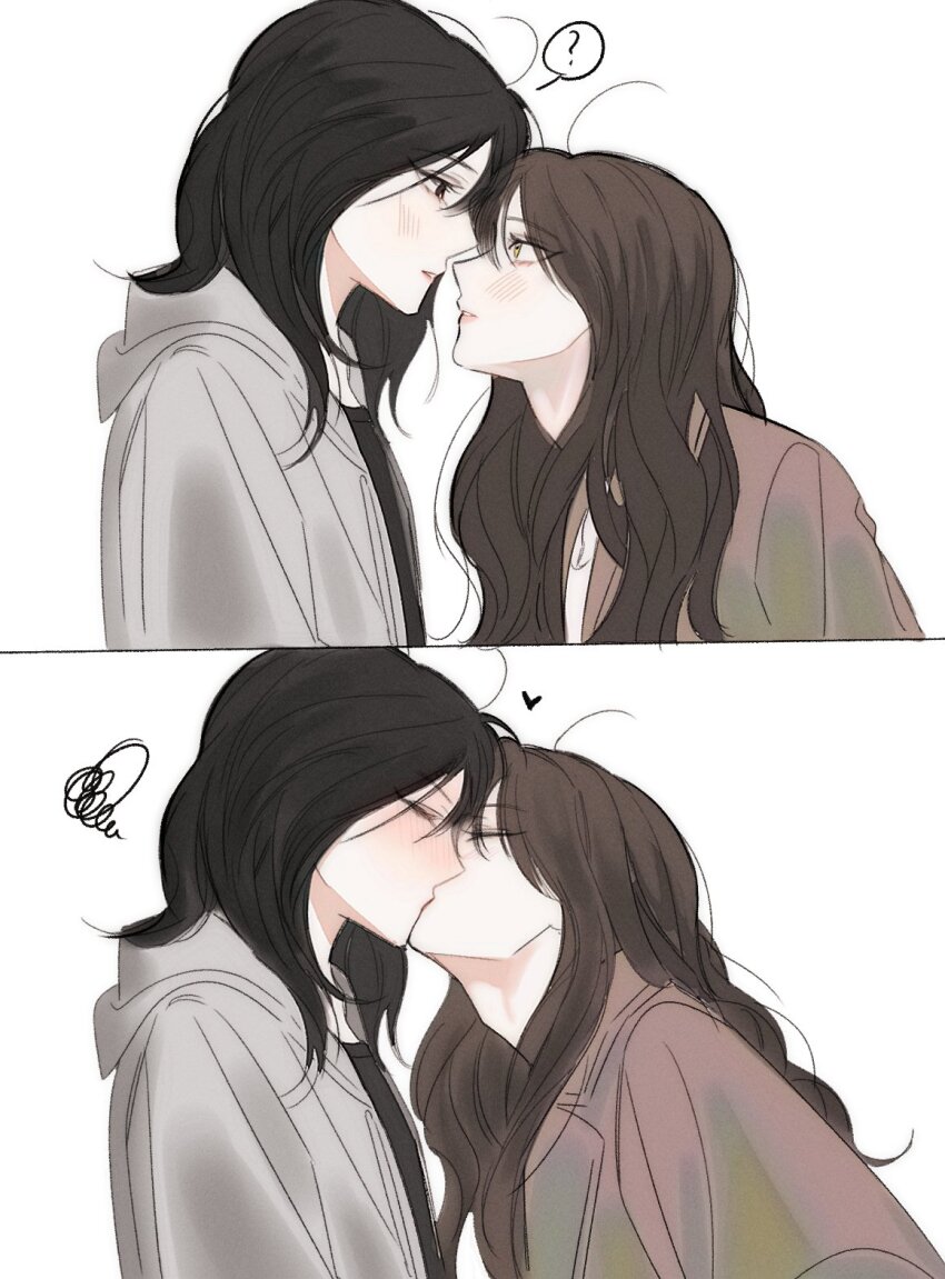 2girls ? black_hair black_jacket blush brown_hair closed_eyes commentary_request docounty eye_contact grey_hoodie highres hood hoodie jacket kiss korean_commentary long_hair looking_at_another multiple_girls original parted_lips simple_background spoken_question_mark squiggle white_background yuri