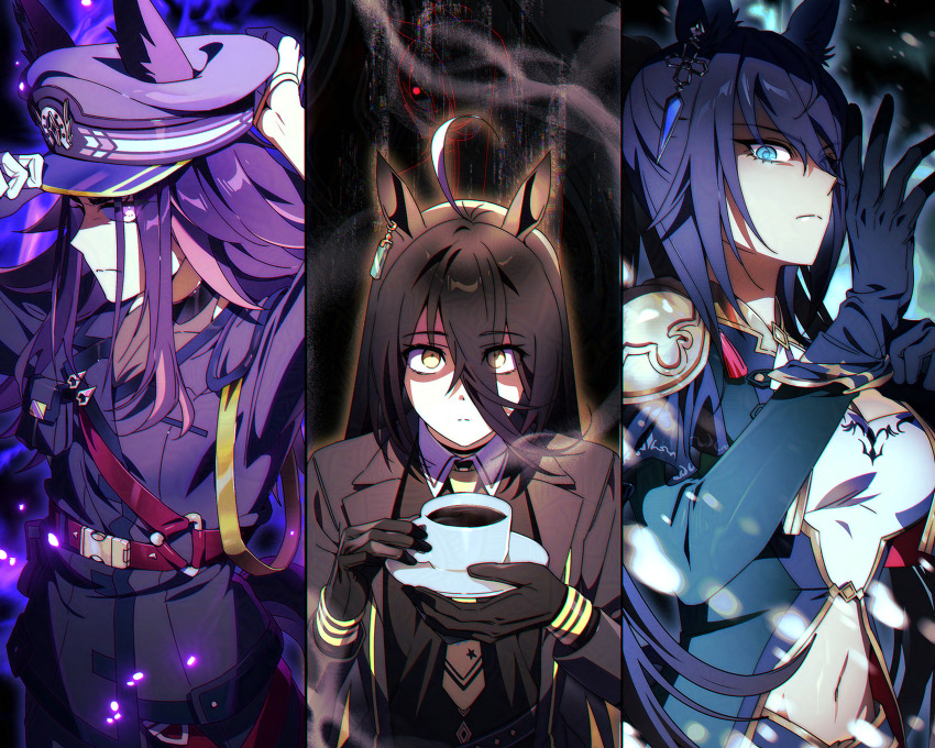 3girls absurdres ahoge aura black_coat black_gloves black_hair black_shirt blue_eyes blue_hair brown_hair closed_mouth coat coffee commentary_request crop_top crossed_bangs cup ear_tag earrings ears_through_headwear epaulettes expressionless fenomeno_(umamusume) gloves hair_between_eyes hand_up hands_on_headwear hands_up hat highres holding holding_cup jacket jewelry long_hair long_hair_between_eyes long_sleeves looking_at_viewer manhattan_cafe_(umamusume) multicolored_hair multiple_girls murangee necktie open_clothes open_coat peaked_cap red_eyes red_jacket red_shirt scowl shirt single_earring streaked_hair symboli_kris_s_(umamusume) umamusume white_hair white_shirt yellow_eyes yellow_necktie