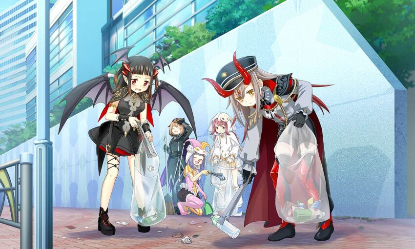 5girls ^_^ animal_costume animal_ear_hood animal_ears artist_request asymmetrical_sleeves bag bat_wings belt belt_buckle black_belt black_bow black_bowtie black_cape black_cloak black_coat black_dress black_footwear black_gloves black_hair black_pants black_shorts black_skirt black_wings black_wrist_cuffs blue_footwear blue_hair blunt_bangs boots bottle bow bowtie brown_eyes bubble_skirt buckle cape cityscape cloak closed_eyes closed_mouth clown clown_nose coat collared_shirt colored_tips covered_navel crumpled_paper day demon_horns disgust dot_nose dress elbow_gloves empty_eyes expressionless fake_animal_ears fake_horns fake_wings floppy_ears frilled_shirt_collar frilled_skirt frilled_wrist_cuffs frills full_body fur-trimmed_skirt fur_trim furrowed_brow game_cg gloves grey_hair hair_through_hood halloween_costume hat head_wings high-waist_shorts himuro_lavi himuro_lavi_(halloween_costume) holding holding_bag holding_tongs hood hood_up hooded_cloak hoodie horns jester_cap jitome knee_pads kneeling knees kureha_yuna kureha_yuna_(vampire_ver.) lamppost leaning_forward light_blush light_frown long_hair magia_record:_mahou_shoujo_madoka_magica_gaiden mahou_shoujo_madoka_magica mask mask_on_head miniskirt mismatched_sleeves mismatched_thighhighs miura_asahi miura_asahi_(halloween_costume) multicolored_hair multiple_girls multiple_wings no_shoes official_alternate_costume official_art ooba_juri ooba_juri_(vampire_ver.) open_mouth orange_hair orange_hat orange_shirt orange_theme orange_thighhighs outdoors pants picking_up pink_gloves pink_hair pink_hat pink_shirt pink_thighhighs pleated_skirt polka_dot polka_dot_gloves polka_dot_headwear polka_dot_shirt polka_dot_thighhighs rabbit_costume rabbit_ears rabbit_mask railing red_cape red_eyes red_hair red_horns red_nose see-through_clothes see-through_shirt shadow shirt shoes short_dress short_sleeves shorts sidewalk single_elbow_glove skirt smile socks striped_clothes striped_headwear striped_thighhighs thigh_boots thigh_strap thighhighs tongs torn_clothes torn_coat trash trash_bag tree two-sided_cape two-sided_fabric two-tone_headwear two-tone_shirt two_side_up vertical-striped_clothes vertical-striped_headwear vertical-striped_sleeves vertical-striped_thighhighs water_bottle wavy_mouth white_cloak white_hoodie white_mask white_shirt white_socks wings wiping_sweat wrist_cuffs yellow_skirt yume_urara yume_urara_(halloween_costume)