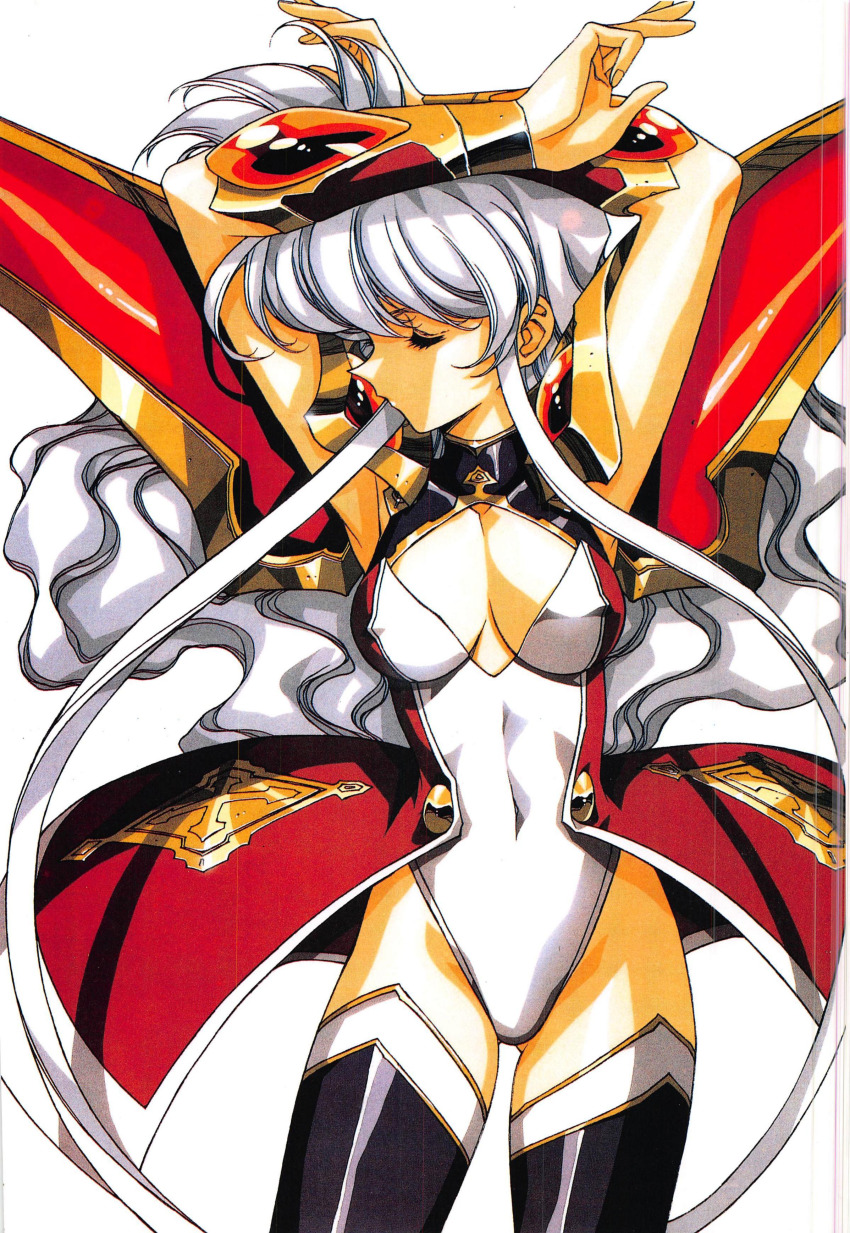 1990s_(style) 1girl absurdres armor arms_up bracer breasts claret_(langrisser) cleavage closed_eyes highres langrisser langrisser_v large_breasts leotard long_hair official_art pauldrons retro_artstyle scan scan_artifacts shoulder_armor simple_background solo thighhighs urushihara_satoshi very_long_hair white_background white_hair