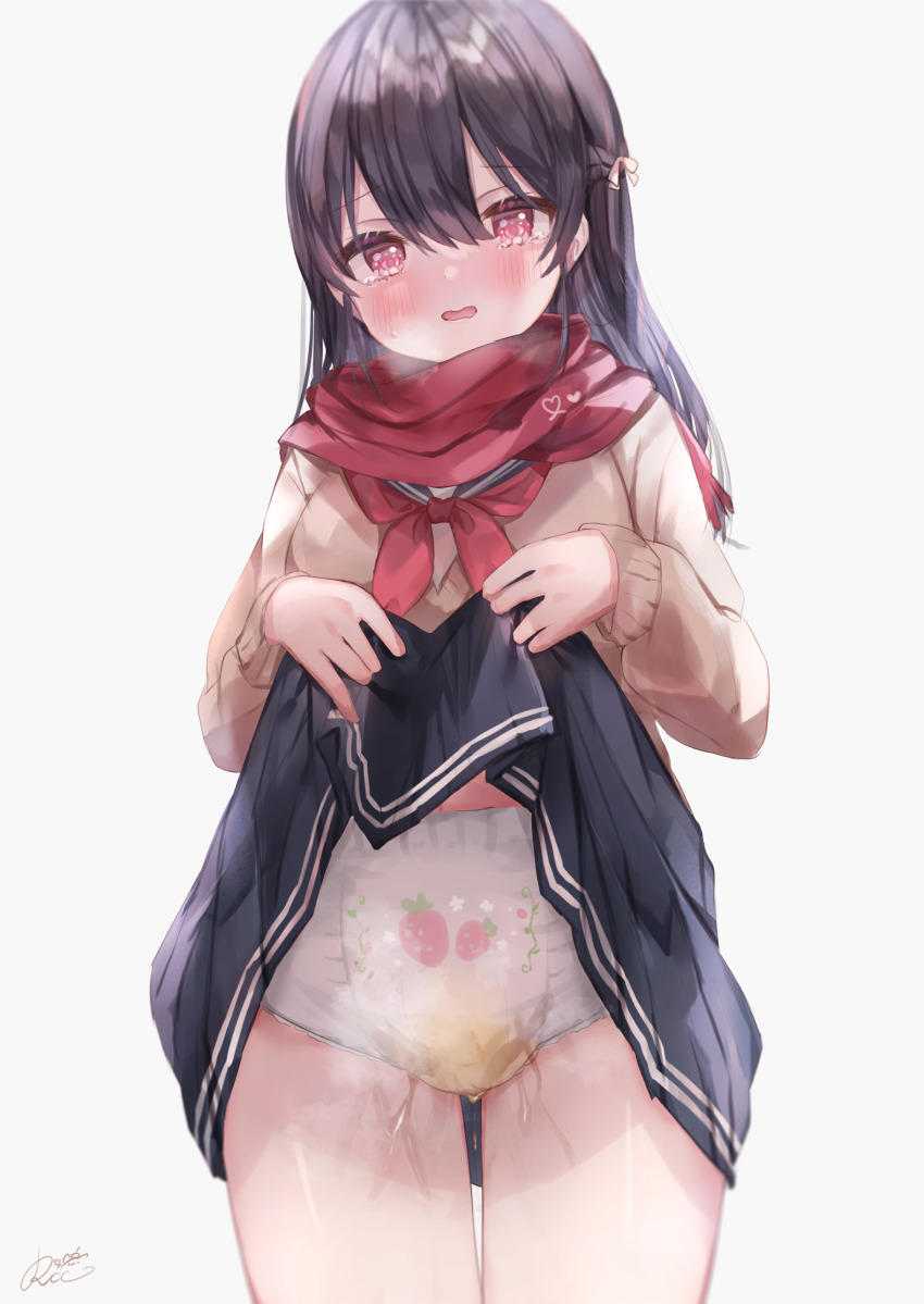 1girl absurdres bad_id bad_pixiv_id black_hair blush braid clothes_lift diaper hair_between_eyes highres leaking lifting_own_clothes long_hair looking_at_viewer midriff navel open_mouth original pee peeing peeing_self red_eyes red_scarf rucaco scarf school_uniform serafuku sidelocks signature simple_background skirt skirt_lift solo standing teardrop tearing_up tears thighs wet_diaper white_background