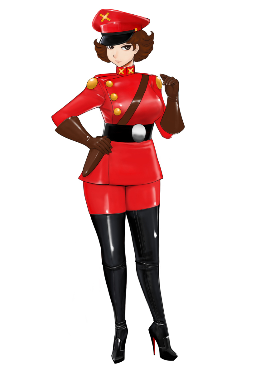1girl belt black_belt black_boots boots breasts brown_eyes brown_gloves brown_hair closed_mouth commentary_request expressionless flipped_hair full_body fushigi_na_merumo gloves hand_on_own_hip hand_up hat high_heel_boots high_heels highres holster jacket komii large_breasts latex latex_boots latex_gloves long_sleeves merumo pants peaked_cap red_hat red_jacket red_pants red_shirt shirt simple_background skin_tight standing stiletto_heels thick_thighs thigh_boots thighs white_background