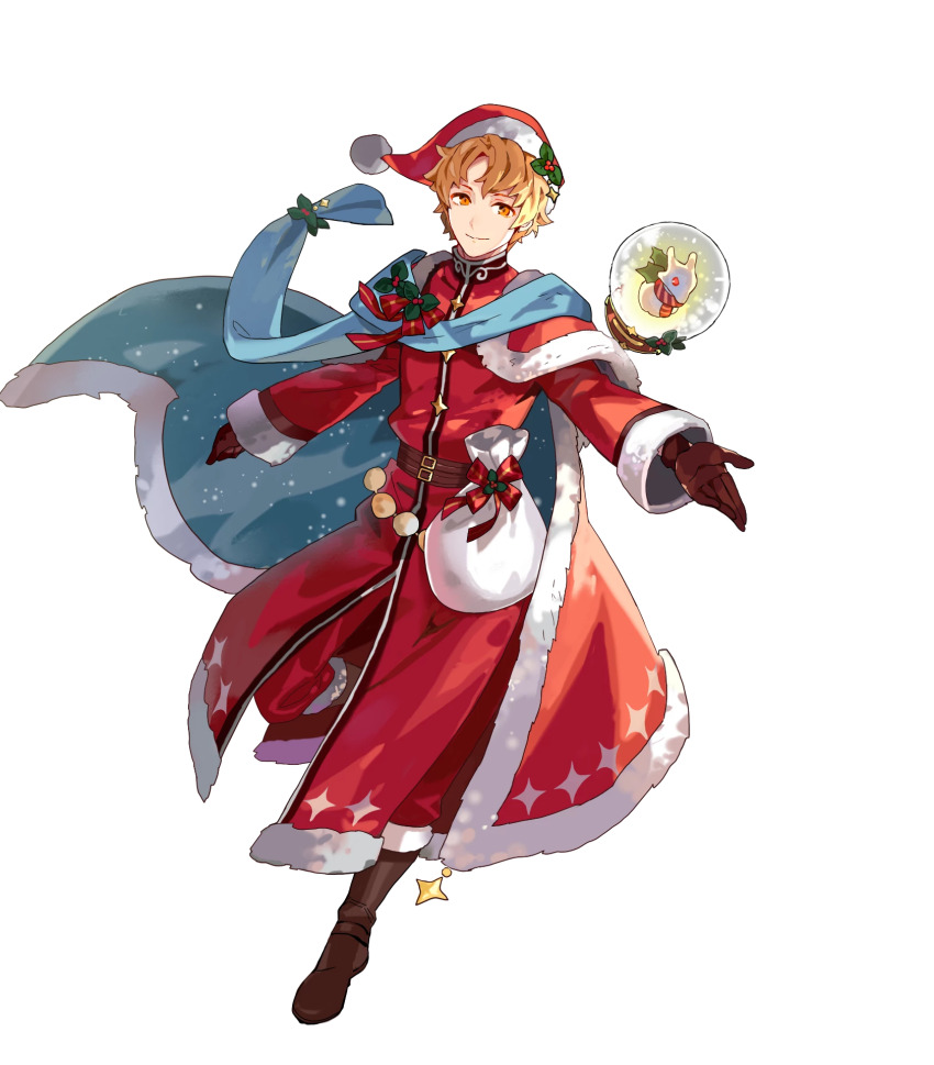 1boy artur_(fire_emblem) artur_(silver_saint)_(fire_emblem) boots brown_footwear brown_gloves cape christmas coat fire_emblem fire_emblem:_the_sacred_stones fire_emblem_heroes floating floating_object fur-trimmed_cape fur-trimmed_sleeves fur_trim gloves hat highres leather leather_belt leather_boots leather_gloves nintendo official_alternate_costume official_art orange_hair red_coat red_eyes sack santa_hat short_hair snow_globe third-party_source tobi_(kotetsu) toy white_fur