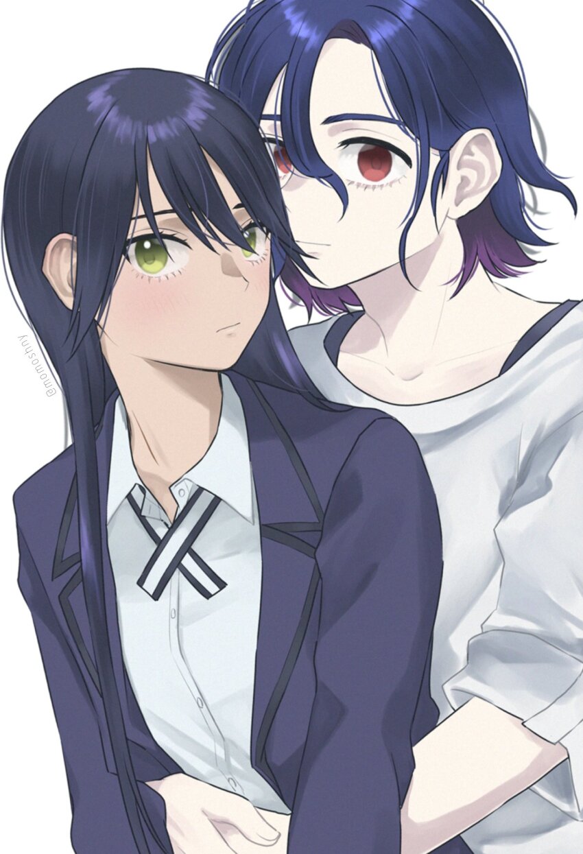 1boy 1girl black_hair blue_hair blush collared_shirt colored_inner_hair gundam gundam_gquuuuuux highres hug hug_from_behind jacket long_hair looking_at_viewer lower_eyelashes_only momoshny multicolored_hair nyaan_(gundam_gquuuuuux) purple_hair red_eyes school_uniform shirt short_hair shuji_ito simple_background two-tone_hair upper_body white_background white_shirt yellow_eyes