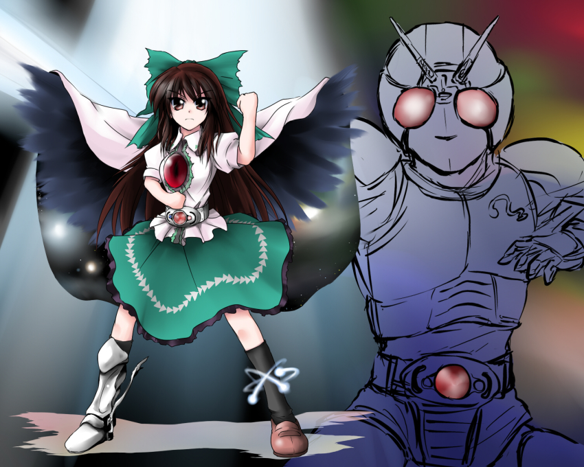 1girl armor armored_boots asymmetrical_footwear biorider black_gloves black_wings boots bow brown_hair crossover fingerless_gloves gloves green_bow green_skirt henshin henshin_pose highres kamen_rider kamen_rider_black_rx kamen_rider_black_rx_(series) kazami_shirou_(kaizou-zumi) mismatched_footwear parody reiuji_utsuho rider_belt shirt skirt touhou white_shirt wings
