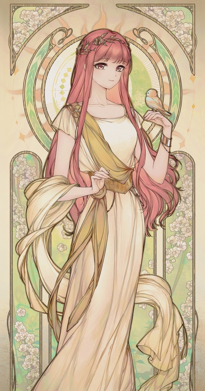 1girl absurdres art_nouveau artist_request bird bird_on_hand blunt_bangs brown_background card_(medium) cherry_blossoms chinese_commentary commentary_request feet_out_of_frame floral_background flower greco-roman_clothes green_background highres laurel_crown long_hair looking_at_animal mixed-language_commentary nikki_(nikki) nikki_(series) pink_hair rose sash shawl short_sleeves solo spanish_commentary sun_symbol toga two-tone_background very_long_hair wavy_hair white_bird white_flower white_shawl yellow_flower yellow_rose yellow_sash