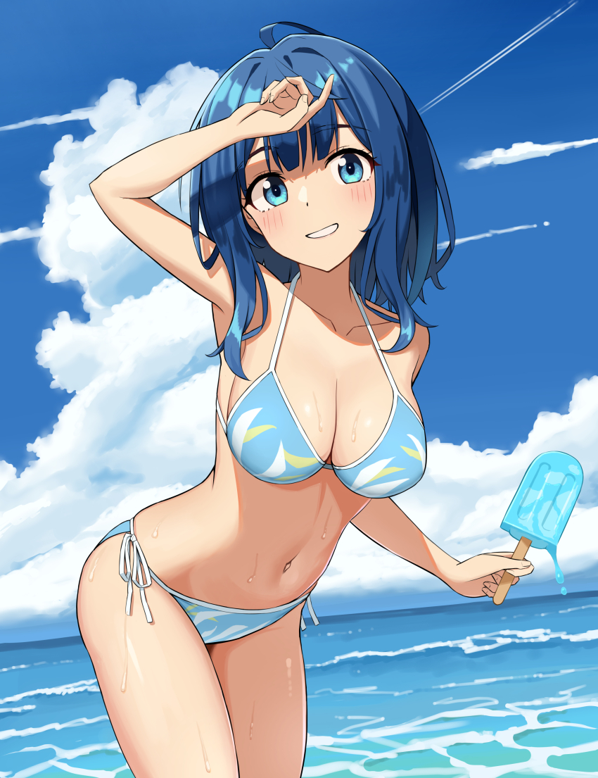1girl absurdres arm_up armpits beach bikini blue_bikini blue_eyes blue_hair blue_sky breasts cevi79604876054 cleavage cloud commentary contrail cowboy_shot day food highres horizon large_breasts leaning_forward legs make_heroine_ga_oo_sugiru! medium_hair melting_popsicle navel ocean outdoors popsicle shading_eyes side-tie_bikini_bottom sky smile solo swimsuit thighs yanami_anna