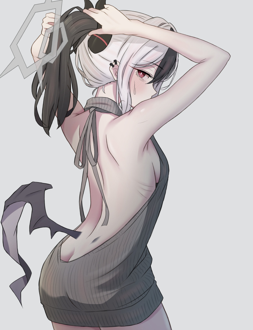 1girl absurdres arms_up ass back_cutout bare_back black_hair black_horns blue_archive breasts bright_pupils butt_crack clothing_cutout demon_horns demon_wings dress ear_piercing earclip grey_halo halo highres horns kayoko_(blue_archive) leogust long_hair looking_at_another looking_back low_wings multicolored_hair no_bra no_panties piercing ponytail ribs sideboob sidelocks simple_background single_wing small_breasts solo sweater sweater_dress translation_request two-tone_hair tying_hair variant_set white_background white_hair white_pupils wings