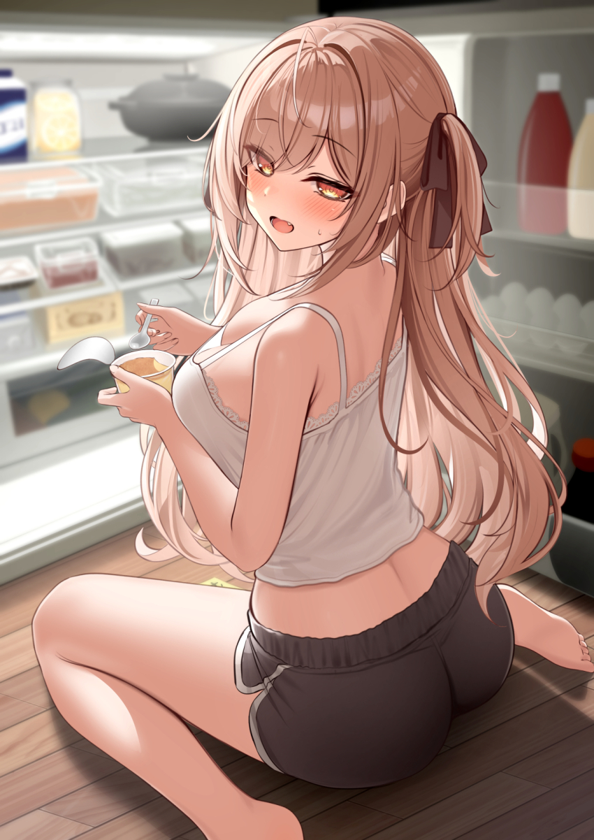 1girl ass barefoot black_ribbon black_shorts blush breasts brown_eyes brown_hair dolphin_shorts from_behind hair_ornament hair_ribbon highres holding imouto-chan_(monaka_curl) large_breasts long_hair looking_at_viewer looking_back monaka_curl open_mouth original refrigerator ribbon shirt short_shorts shorts sitting sleeveless sleeveless_shirt smile soles spoon thighs wariza white_shirt wooden_floor