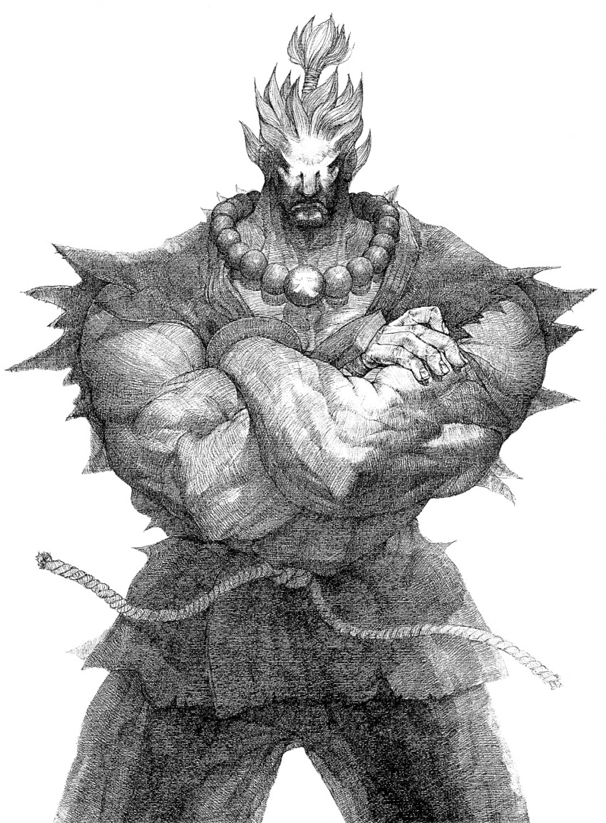 1boy akuma_(street_fighter) beads crossed_arms dougi facing_viewer fingerless_gloves game_cg gloves glowing glowing_eyes greyscale highres male_focus mma_gloves monochrome muscular muscular_male nishimura_kinu non-web_source official_art prayer_beads red_eyes red_hair rope_belt scowl solo street_fighter street_fighter_ii_(series) topknot torn_clothes torn_sleeves
