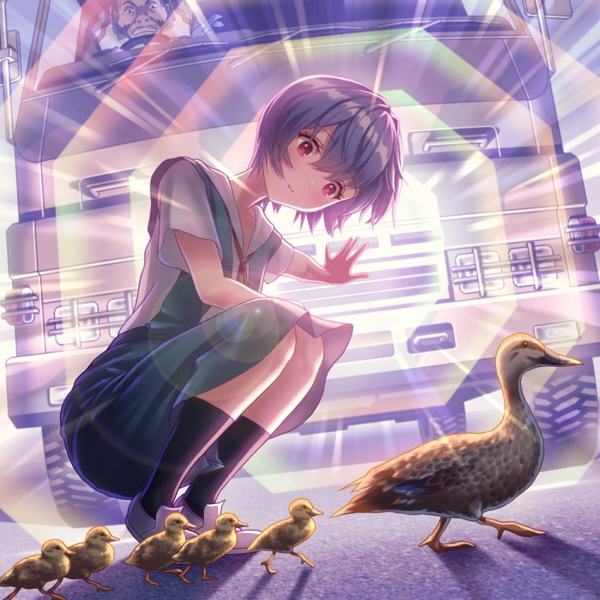 1boy 1girl at_field ayanami_rei baby_animal backlighting beard bird black_hair black_socks blue_dress blurry blush bokeh breasts closed_mouth commentary depth_of_field dress dress_shirt driving duck duckling dutch_angle energy energy_barrier facial_hair full_body hair_between_eyes hand_on_lap highres imminent_injury isekai_truck light_smile loafers looking_at_animal looking_at_another looking_down medium_breasts motor_vehicle neck_ribbon neon_genesis_evangelion outstretched_arm outstretched_hand pinafore_dress queue red_eyes red_ribbon ribbon road school_uniform semi_truck shadow shirt shoes short_hair short_sleeves sleeveless sleeveless_dress smile socks solo_focus spoilers squatting surprised tokyo-3_middle_school_uniform truck very_short_hair walking white_footwear white_shirt yahha ||/