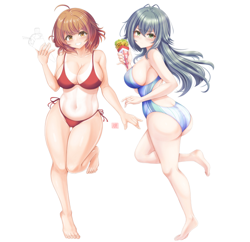 2girls absurdres antenna_hair ass barefoot bikini black_hair blue_bikini breasts brown_eyes brown_hair cleavage competition_swimsuit crepe feet_out_of_frame food full_body gakuen_idolmaster green_eyes grin hanami_ume highres idolmaster large_breasts long_hair looking_at_viewer looking_back multiple_girls one-piece_swimsuit red_bikini side-tie_bikini_bottom sideboob simple_background smile swimsuit tong_shui tsukimura_temari white_background