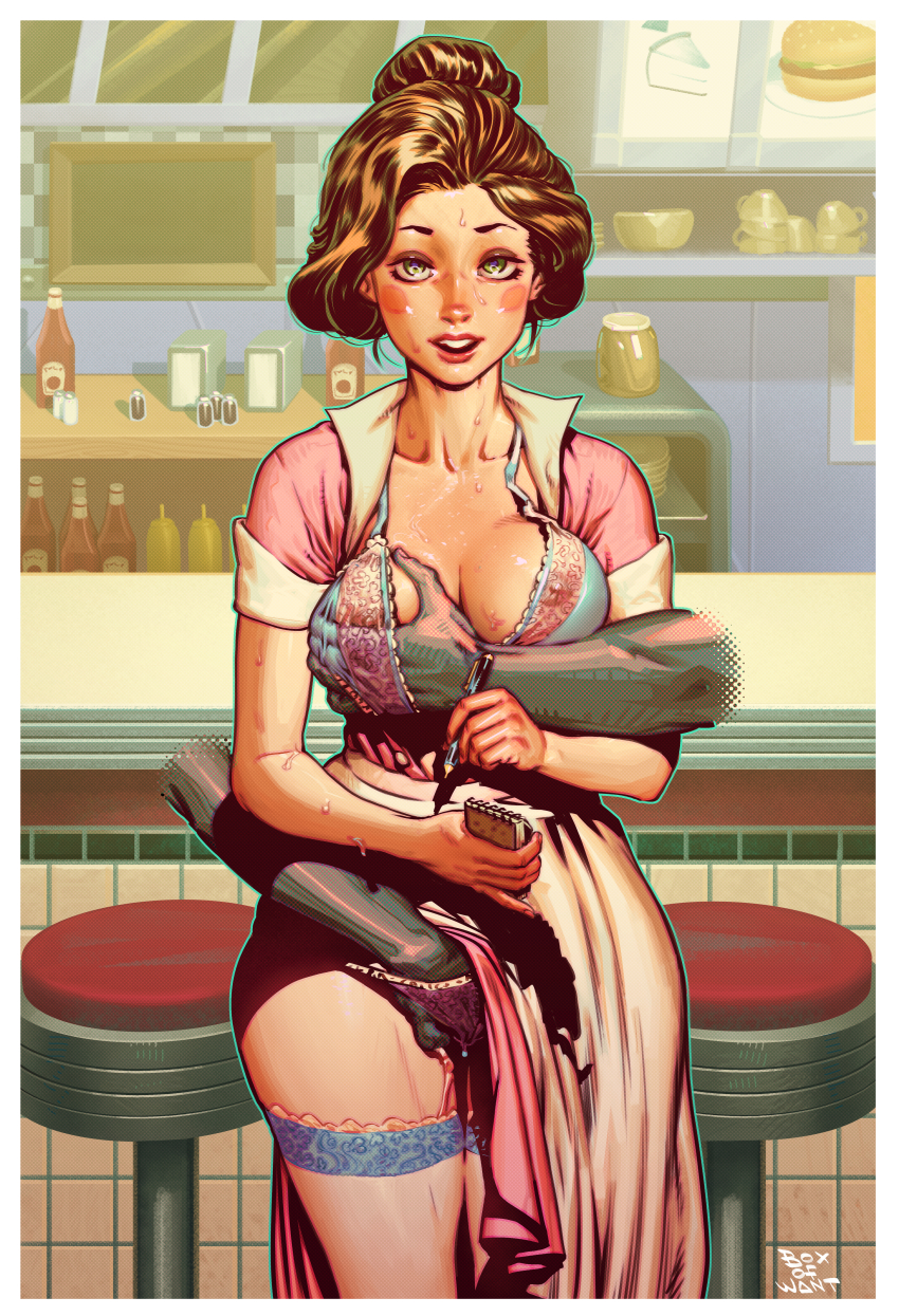 1girl absurdres annie_hughes apron artist_name blouse box_of_want brown_hair collarbone diner faceless faceless_male fingering grabbing_another&#039;s_breast green_eyes groping hair_bun highres ketchup_bottle lace lace-trimmed_legwear lace_trim lingerie mature_female molestation napkin_holder notepad open_clothes open_mouth outline pen pepper_shaker pink_shirt pink_skirt red_lips round_teeth salt_shaker shirt single_hair_bun skirt stool sweat sweatdrop teeth the_iron_giant thighhighs underwear waitress white_outline