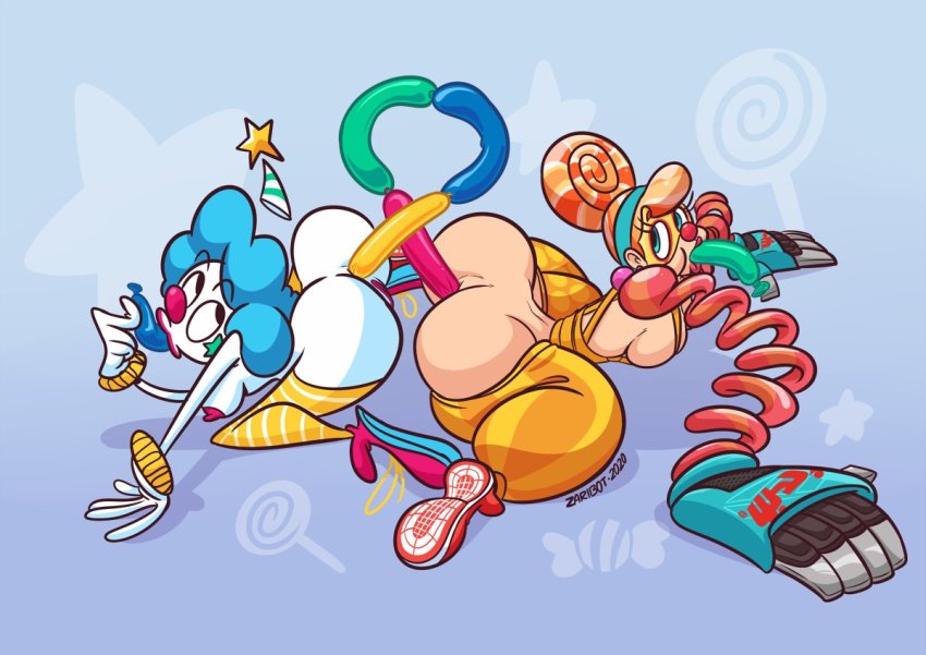2girls all_fours anal anal_object_insertion anus arms_(game) artist_name ass back baggy_pants balloon blue_eyes blue_hair bodypaint breasts clothes_pull clown clown_girl colored_skin curly_hair curvy facepaint gertrude_(ikarokruz) gloves hairband huge_ass ikarokruz lola_pop mask multicolored_hair multiple_girls nintendo nipples nude object_in_mouth object_insertion original pants pants_pull pussy red_nose sideboob spread_legs extendable_limbs suspenders thick_thighs thighhighs thighs topless_female zaribot