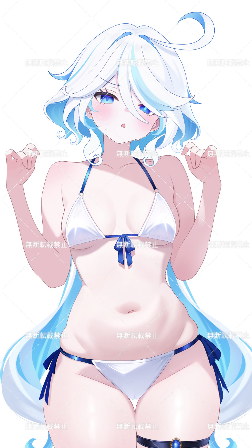 ...? 1girl absurdres ahoge bare_shoulders belly_rub bikini blue_eyes blue_hair blue_pupils blush breasts breasts_apart chestnut_mouth collarbone commentary_request drop-shaped_pupils fuminshou_(nekopan_art) furina_(genshin_impact) genshin_impact hair_between_eyes hands_up heterochromia highres looking_at_viewer medium_breasts medium_hair multicolored_hair navel side-tie_bikini_bottom simple_background solo stomach streaked_hair swimsuit symbol-shaped_pupils thigh_strap watermark white_background white_bikini white_hair