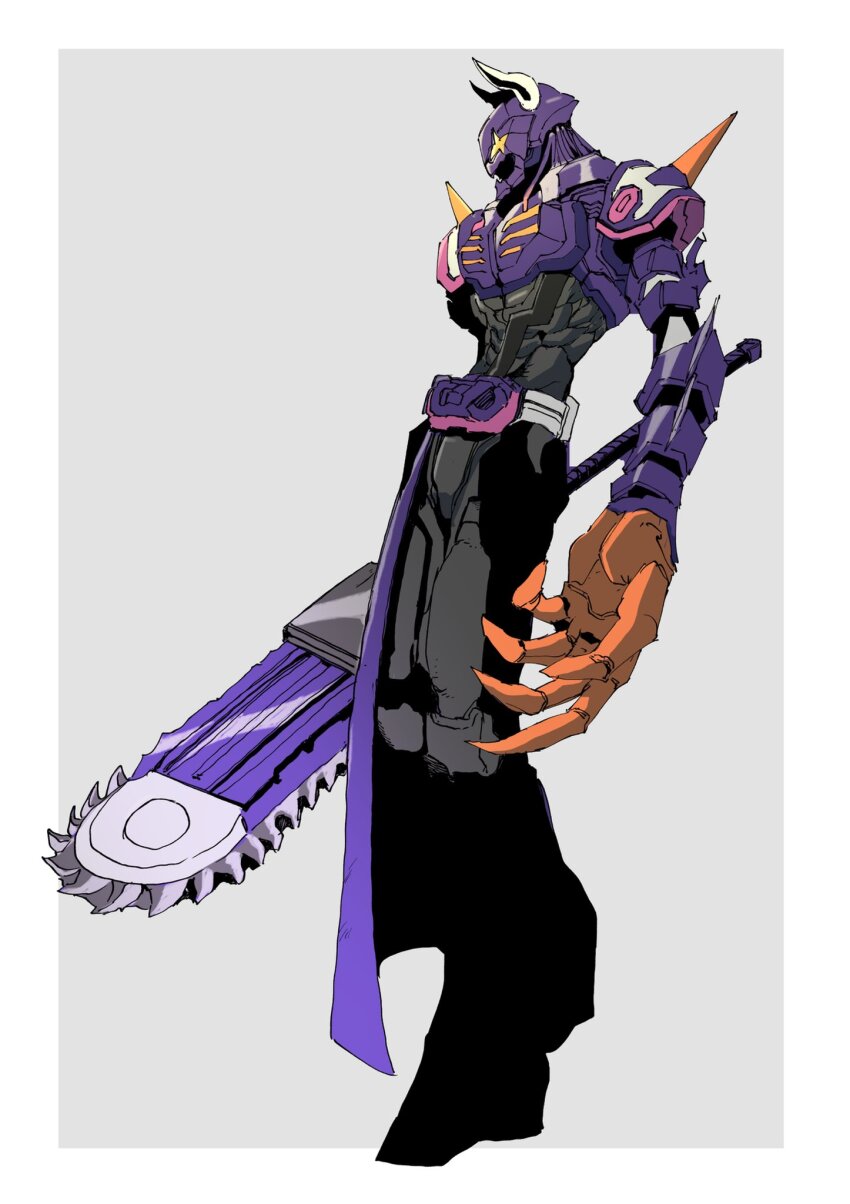 +_+ 1boy black_bodysuit black_footwear black_gloves bodysuit boots border buffalo bull chainsaw claw_(weapon) crack desire_driver from_side gloves highres horns huge_weapon hunched_over ichitaka_(1015ichitaka) incoming_attack kamen_rider kamen_rider_buffa kamen_rider_geats_(series) long_hair looking_at_viewer male_focus purple_hair raise_buckle scarf shoulder_spikes spikes spread_legs standing sword weapon white_border zombie zombie_breaker zombie_buckle