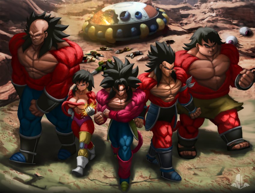 1girl 4boys abs absurdres armor bardock biceps black_hair breasts cameltoe dragon_ball dragon_ball_gt dragonball_z elite_nappa full_body fur highres medium_breasts monkey_boy monkey_tail multiple_boys muscular muscular_female muscular_male no_nipples panbukin_(dragon_ball) panties red_fur saiyan saiyan_armor seripa spiked_hair super_saiyan super_saiyan_4 tail toma_(dragon_ball) toteppo underwear walking