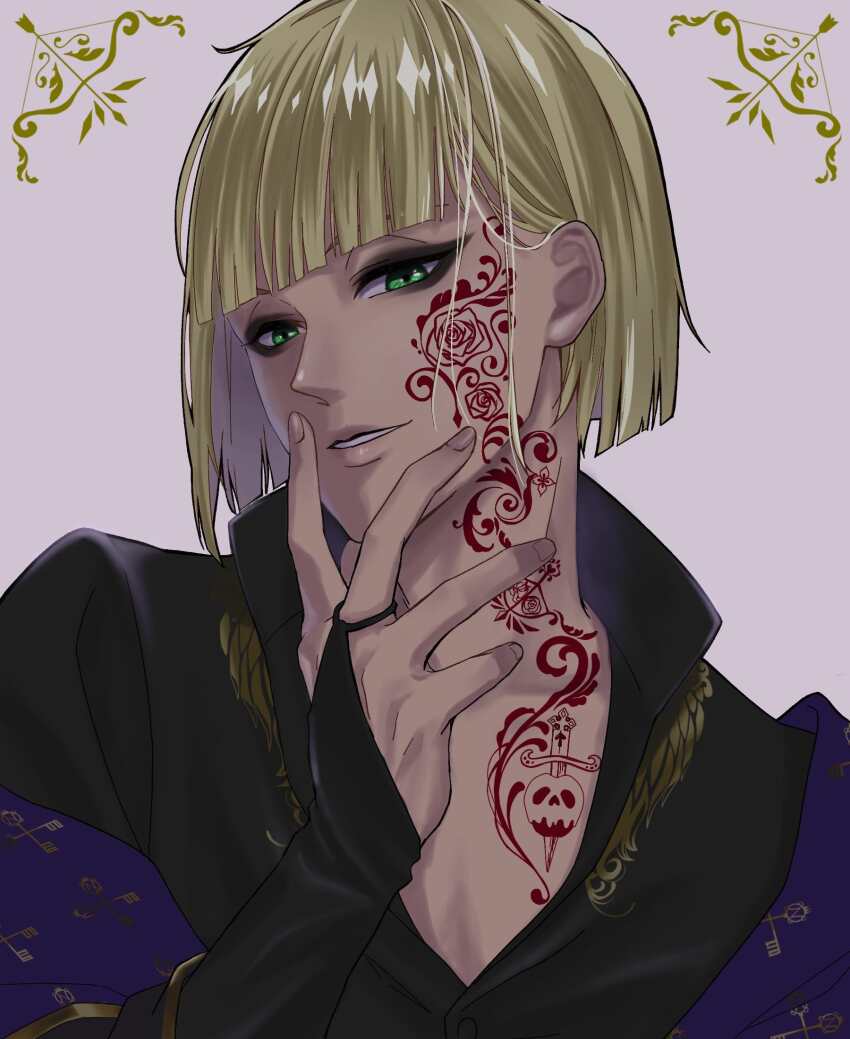 1boy blonde_hair bridal_gauntlets facial_tattoo green_eyes hand_up highres looking_at_viewer male_focus neck_tattoo purple_background rook_hunt short_hair solo tattoo twisted_wonderland ukichan12011 upper_body