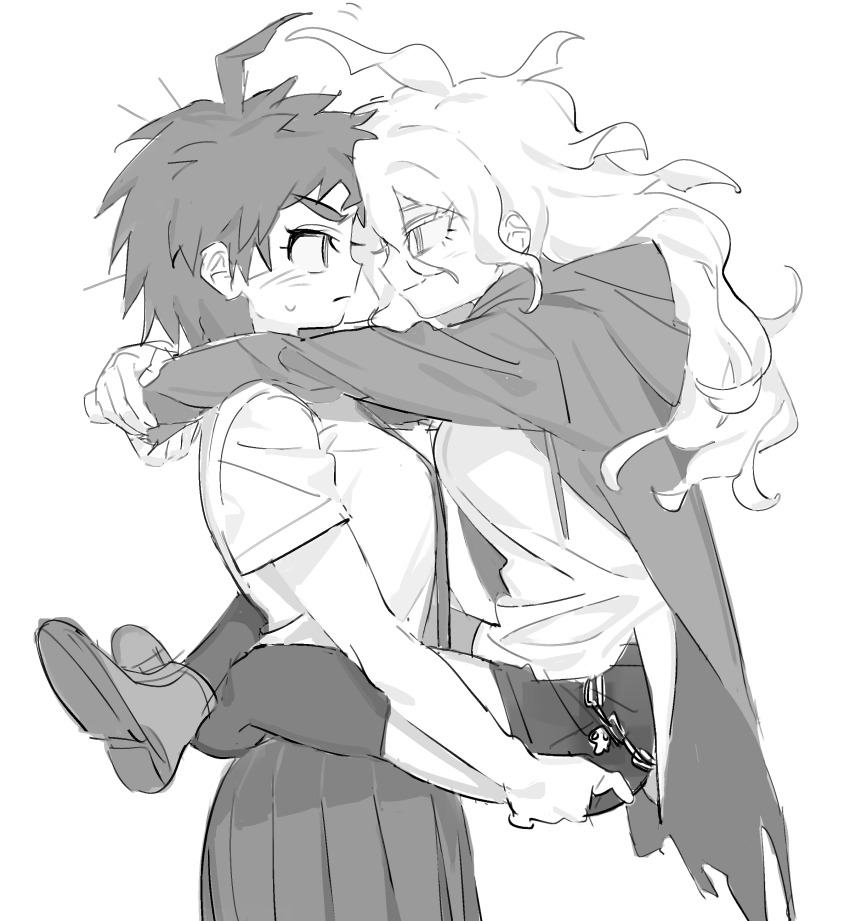 2girls absurdres ahoge breasts carrying carrying_person closed_mouth danganronpa_(series) danganronpa_2:_goodbye_despair eye_contact from_side frown genderswap genderswap_(mtf) hands_on_ass highres hinata_hajime jacket komaeda_nagito large_breasts laz_(wancchaco) leg_lock long_hair looking_at_another messy_hair multiple_girls necktie open_clothes open_jacket pleated_skirt profile shirt shoes short_hair short_sleeves skirt smile spiked_hair standing_leg_lock thighhighs torn_clothes torn_jacket yuri