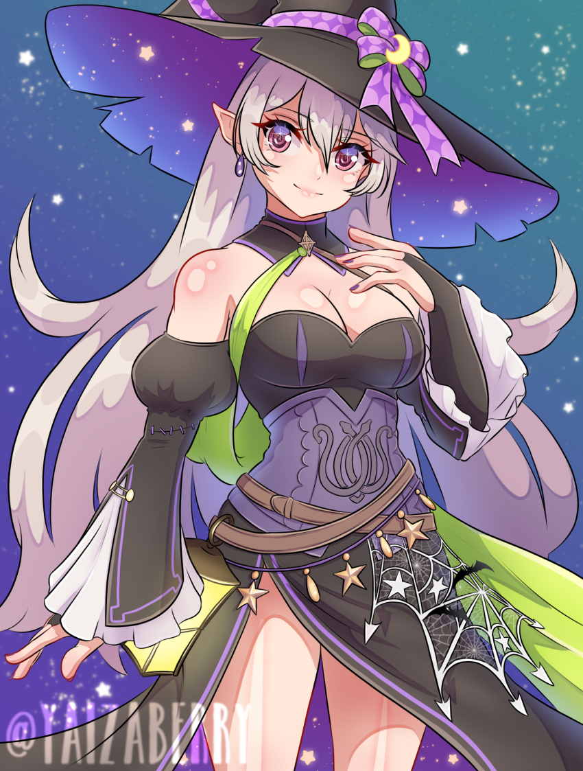 1girl bare_shoulders belt black_dress black_hat brown_belt commentary corrin_(female)_(fire_emblem) corrin_(female)_(halloween)_(fire_emblem) cowboy_shot dress english_commentary fire_emblem fire_emblem_fates fire_emblem_heroes grey_hair halterneck hat highres juliet_sleeves long_hair long_sleeves nintendo off-shoulder_dress off_shoulder pointy_ears puffy_sleeves solo standing thighs very_long_hair wide_sleeves witch_hat yaizaberry