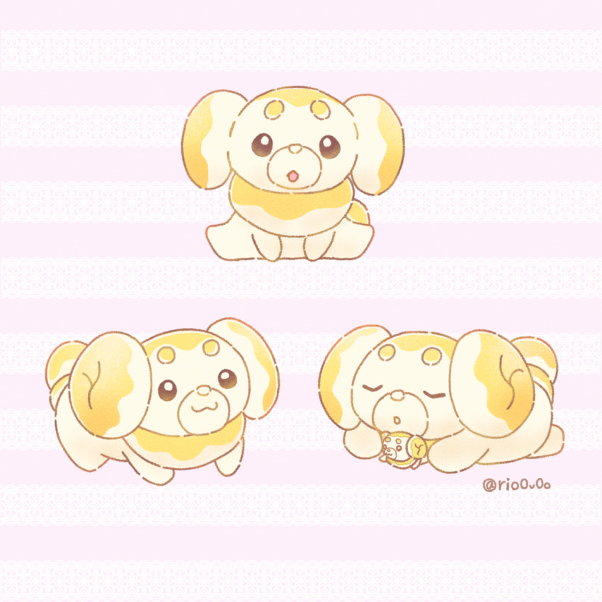 :3 animal_focus black_eyes bright_pupils closed_mouth fidough full_body highres multiple_views nintendo no_humans open_mouth pink_background pokemon pokemon_(creature) rio_(rio0v0o) twitter_username white_pupils