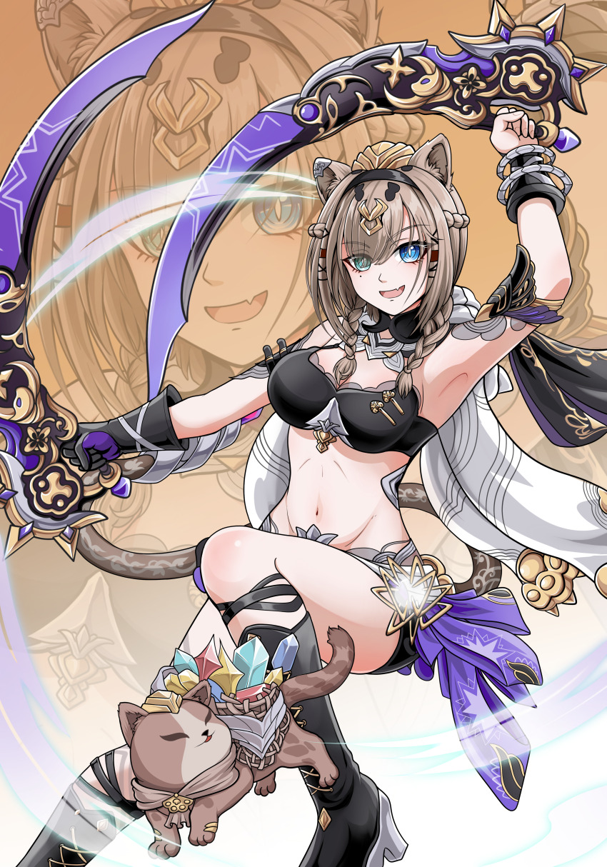 1girl absurdres animal_ears armpits bikini bikini_top_only black_bikini black_boots black_hairband black_shorts blue_eyes blunt_bangs boots breasts brown_hair can_(honkai_impact) cat cat_ears cat_girl cat_tail commentary english_commentary gem green_eyes hairband heterochromia high_heel_boots high_heels highres holding holding_weapon honkai_(series) honkai_impact_3rd medium_breasts navel pardofelis pardofelis_(reverist_calico) ryunato_al_fazh short_hair_with_long_locks shorts stomach swimsuit tail thigh_boots thighs weapon zoom_layer