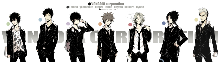 6+boys adjusting_eyewear animal_print bad_id bad_pixiv_id black_hair boy_cow brown_hair character_name cow_print formal_clothes glasses gokudera_hayato hands_in_pockets hibari_kyouya highres horns katekyo_hitman_reborn! lambo lineup long_image male_focus multiple_boys rokudou_mukuro sasagawa_ryohei sawada_tsunayoshi school_uniform short_hair smoking suit wavesheep white_hair wide_image yamamoto_takeshi