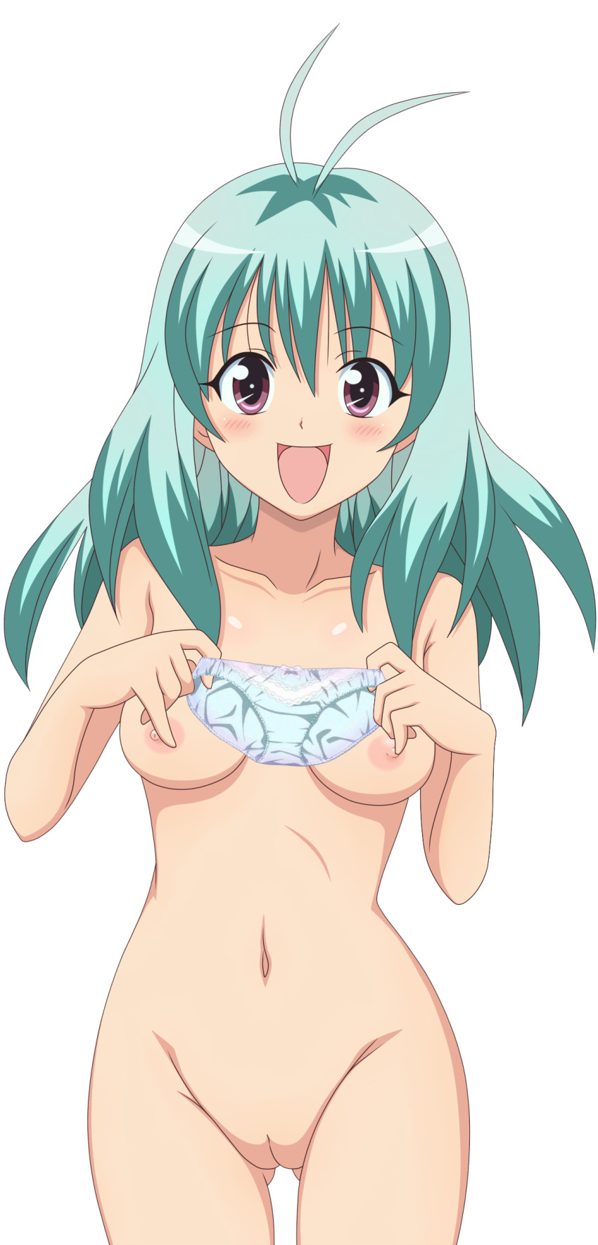 1girl absurdres aqua_hair breasts highres holding holding_unworn_clothes holding_panties holding_underwear holding_unworn_clothes long_hair looking_at_viewer medium_breasts nipples nude_filter one_eye_closed panties purple_eyes run_elsie_jewelria solo third-party_edit to_love-ru underwear