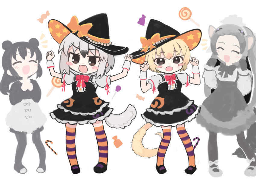 4girls :d ^_^ animal_ears arms_up black_dress black_hair black_hat black_pantyhose black_shirt blonde_hair blush blush_stickers bow brown_eyes candy candy_cane candy_wrapper closed_eyes commission dress food giant_anteater_(kemono_friends) grey_hair grey_shirt hair_between_eyes hands_up hat hat_bow highres kemono_friends kibisake lollipop malayan_tapir_(kemono_friends) multiple_girls notice_lines open_mouth orange_bow pantyhose puffy_short_sleeves puffy_sleeves shirt short_sleeves silky_anteater_(kemono_friends) simple_background skeb_commission skirt sleeveless sleeveless_dress smile southern_tamandua_(kemono_friends) standing striped_clothes striped_thighhighs swirl_lollipop tail thighhighs white_background white_skirt witch_hat wrist_cuffs